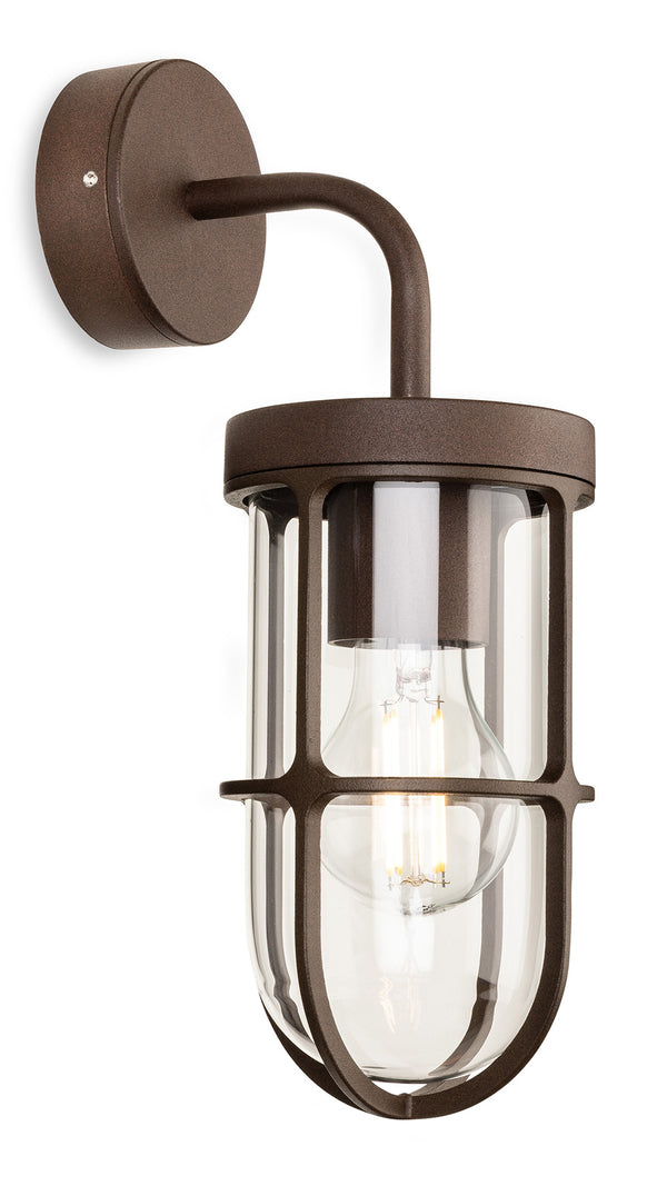 Brown outdoor wall light with clear glass and exposed bulb