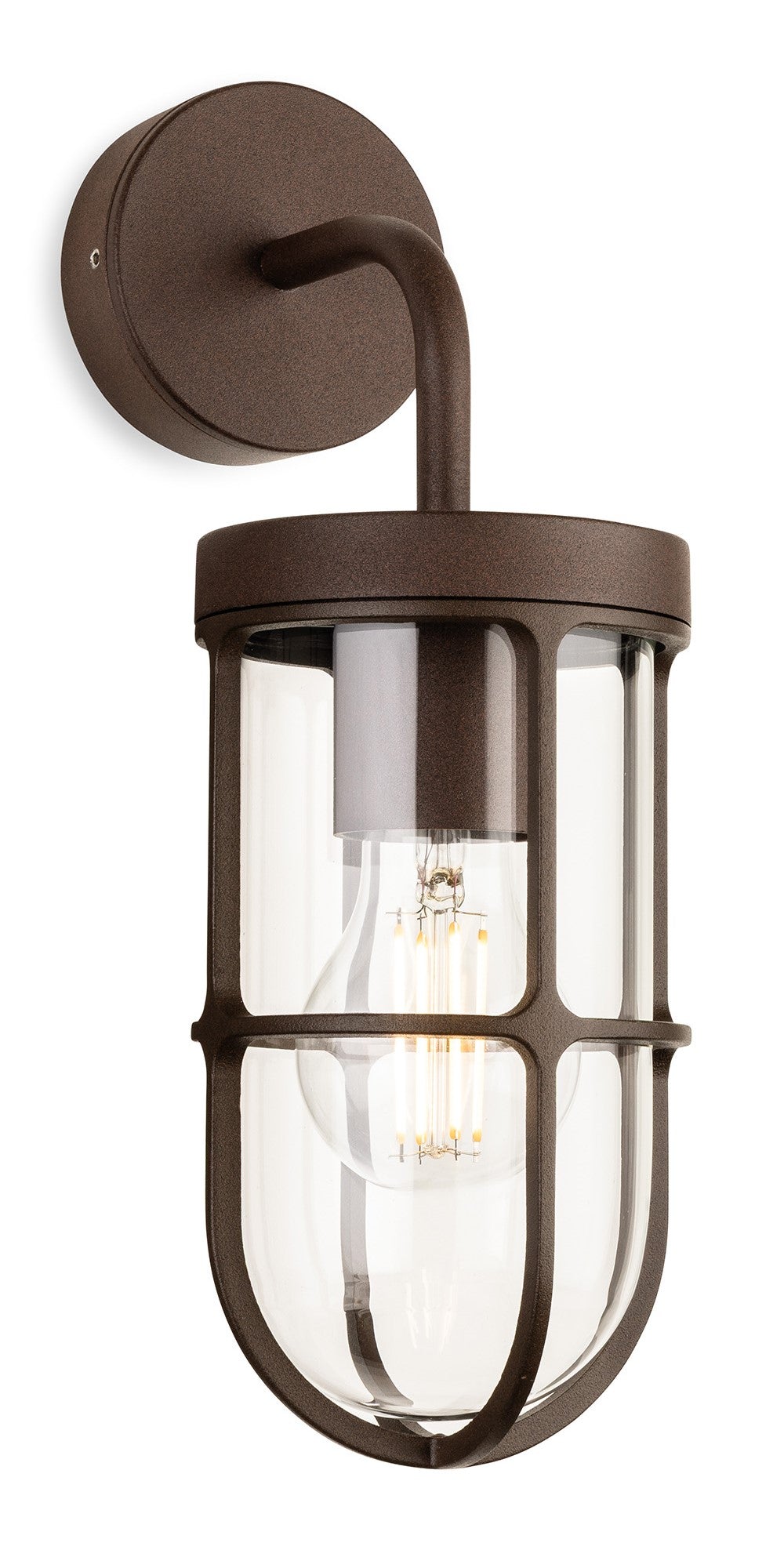 Bronze outdoor wall light with clear glass and exposed filament bulb