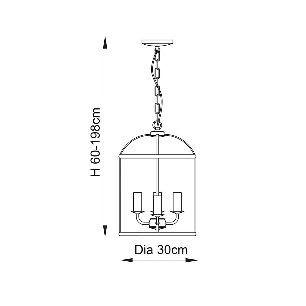 Line drawing of a lantern pendant light with dimensions: height 60-198cm, diameter 30cm.