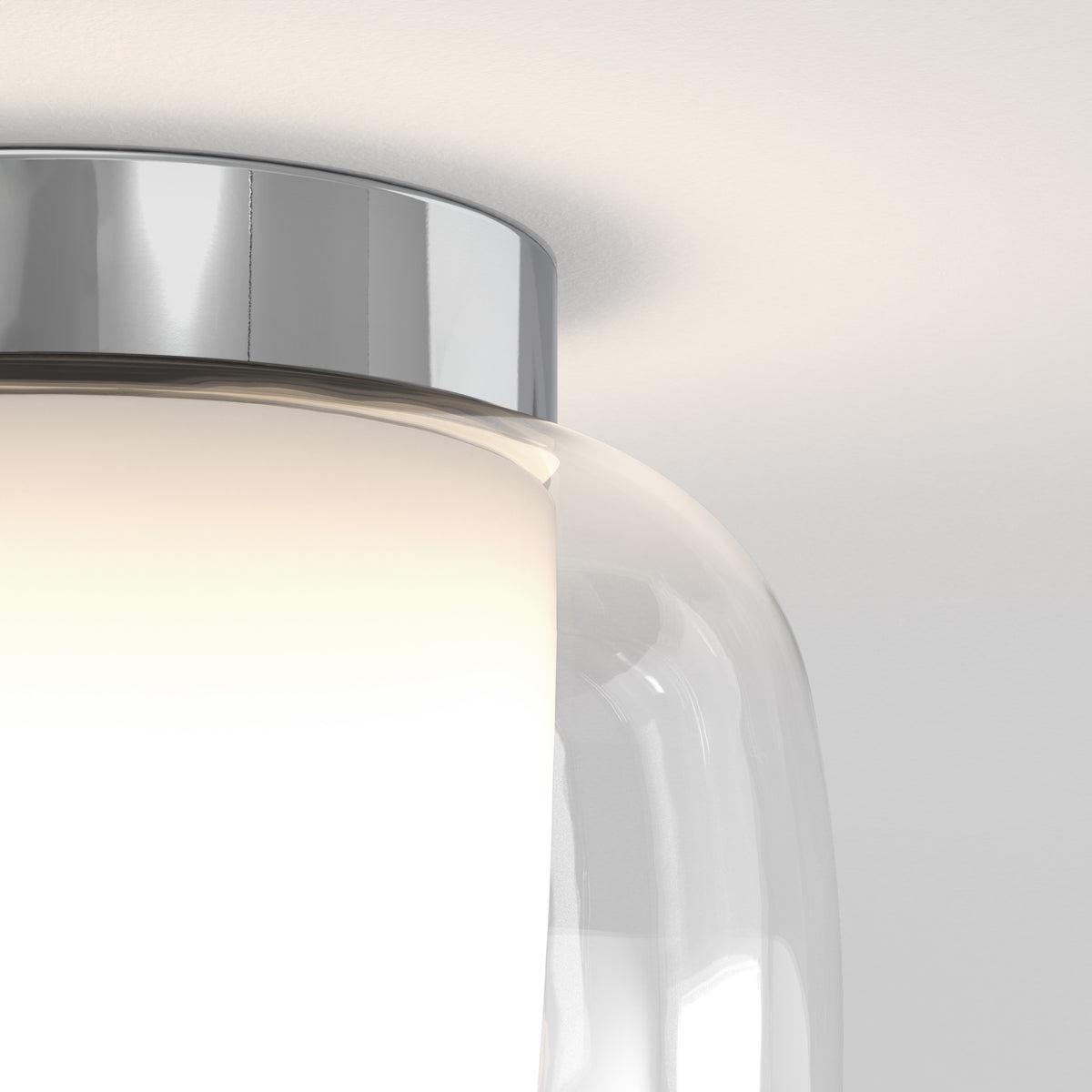 Close up of a glass and chrome ceiling light