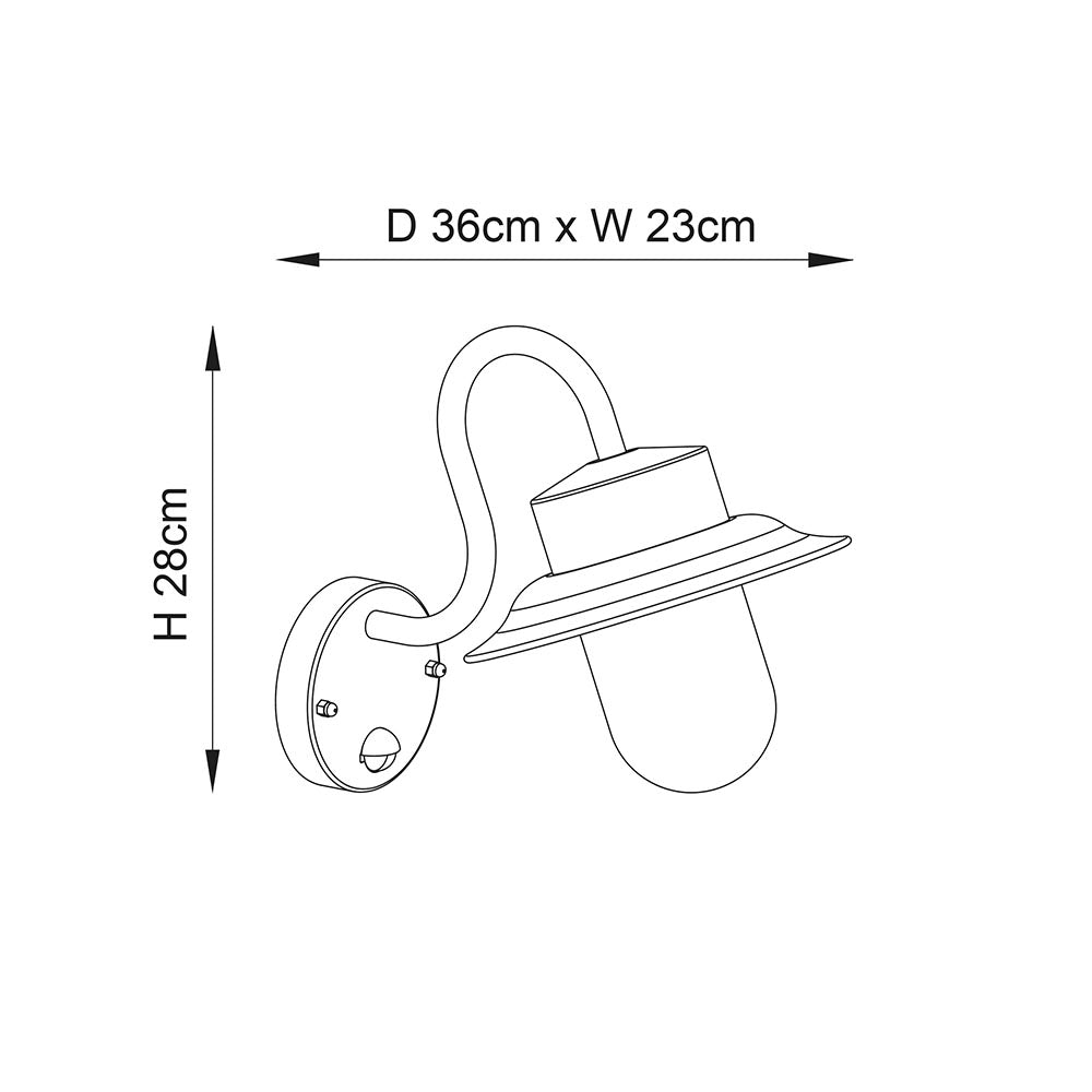 Line drawing of a wall light with dimensions: H 28cm, D 36cm, W 23cm.