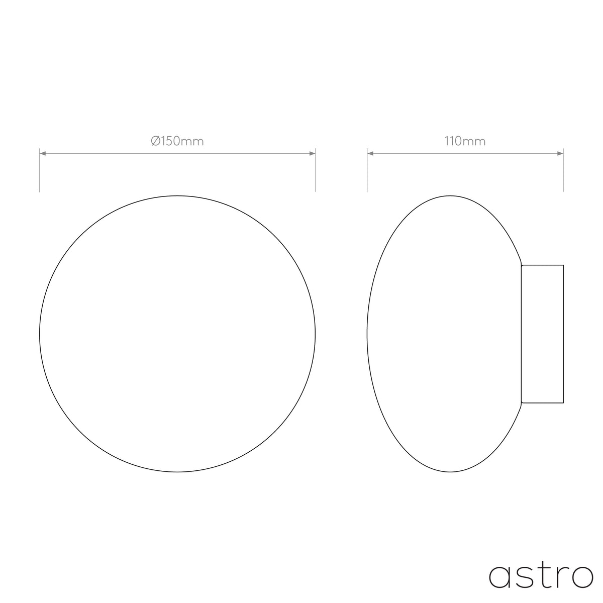 Technical drawing of a round light fixture, front and side view, with dimensions 150mm diameter and 110mm depth