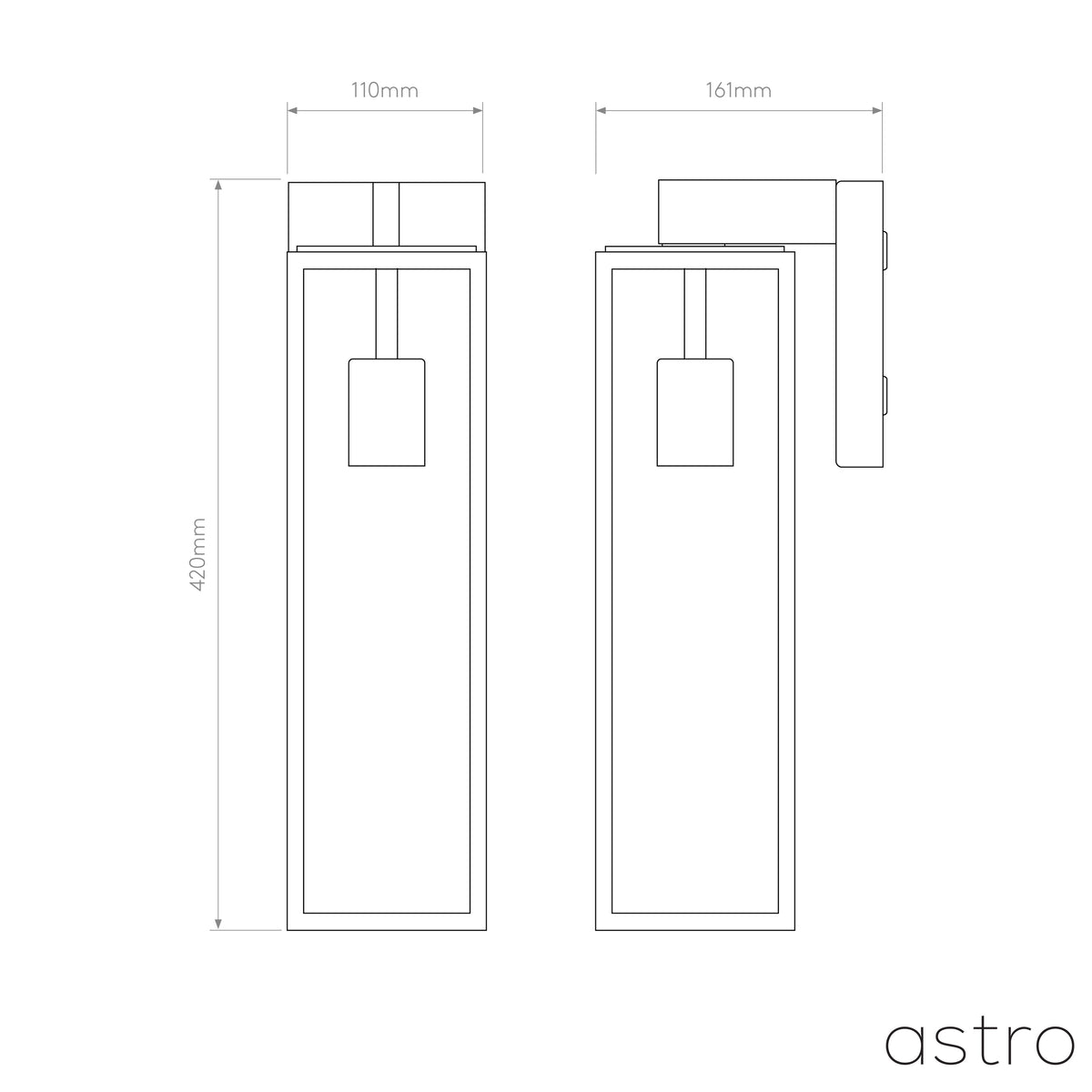 Technical drawing of a rectangular wall light with dimensions 420mm height, 110mm width, 161mm depth