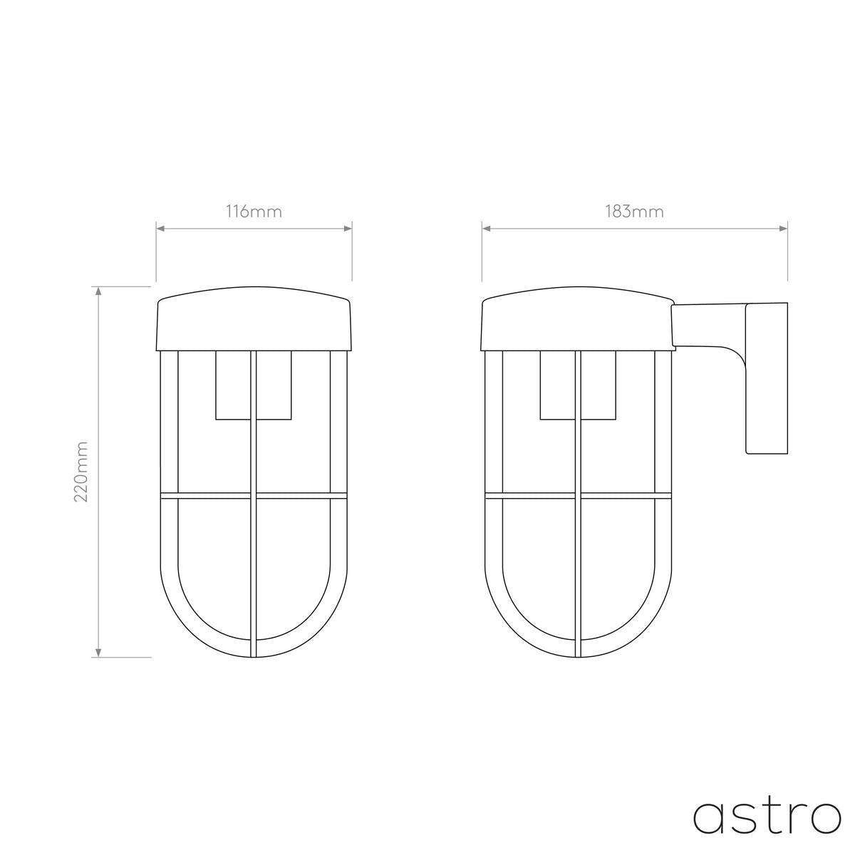 Technical drawing of a light fixture with dimensions 220mm height, 116mm width, and 183mm depth