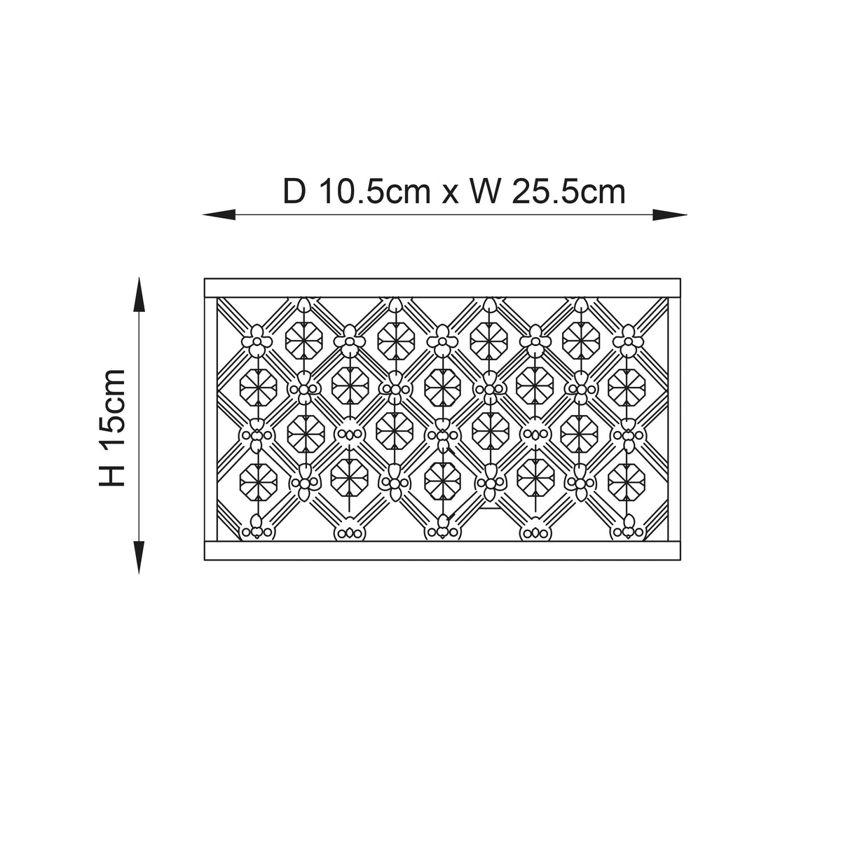 Line drawing of the wall light with dimensions: H 15cm, D 10.5cm, W 25.5cm.