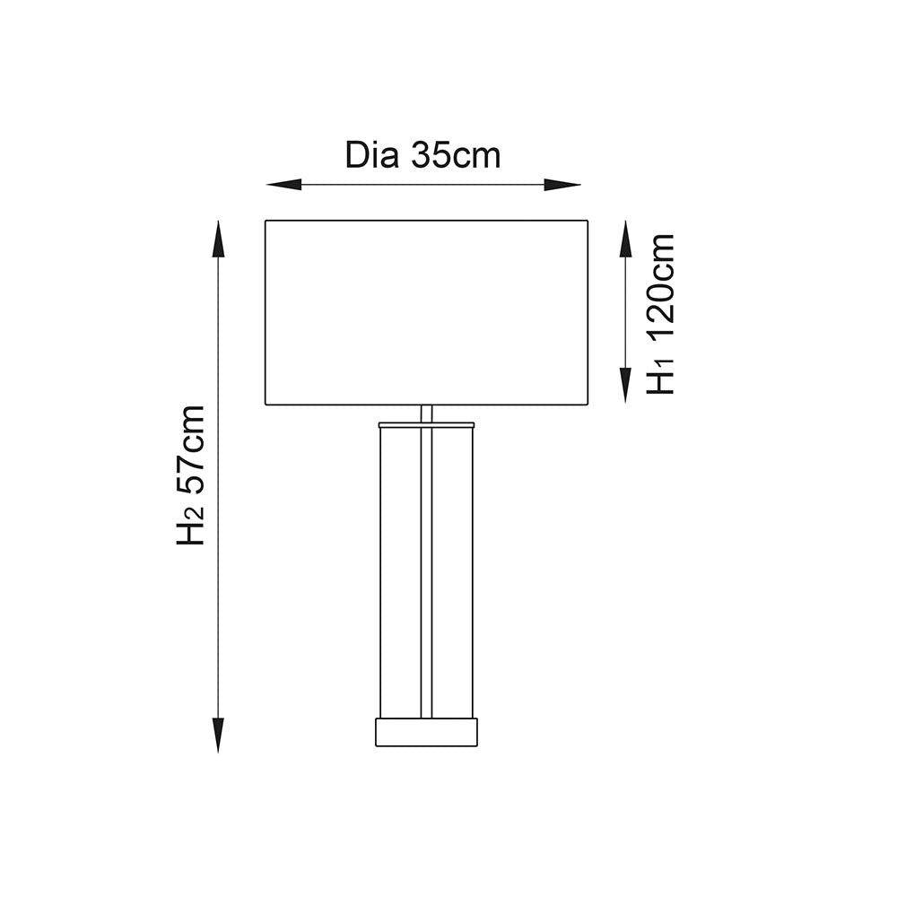 Line drawing of a table lamp with dimensions: 57cm height, 35cm shade diameter, and 120cm cable length.