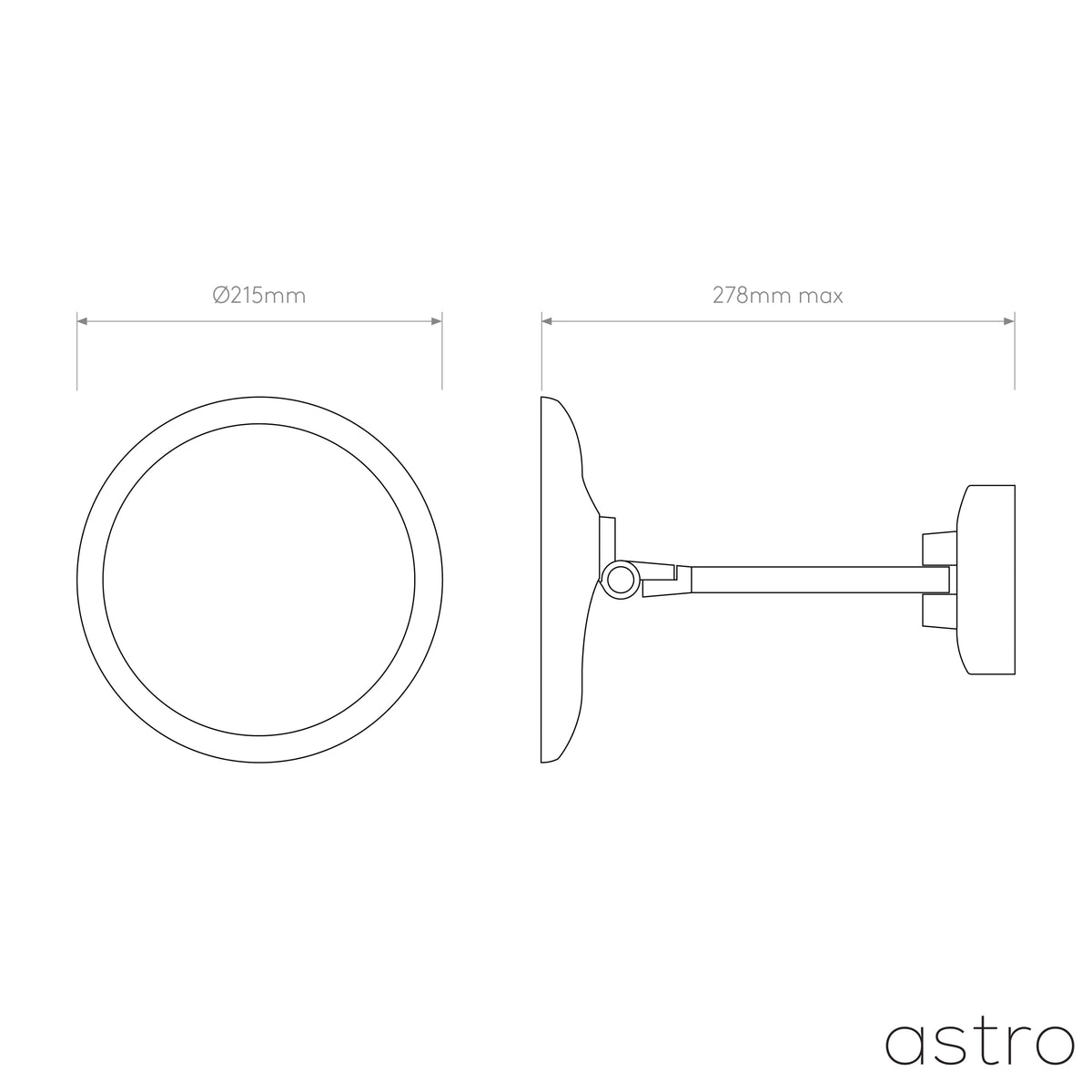 Technical drawing of a round mirror with an adjustable arm, showing front and side views with dimensions