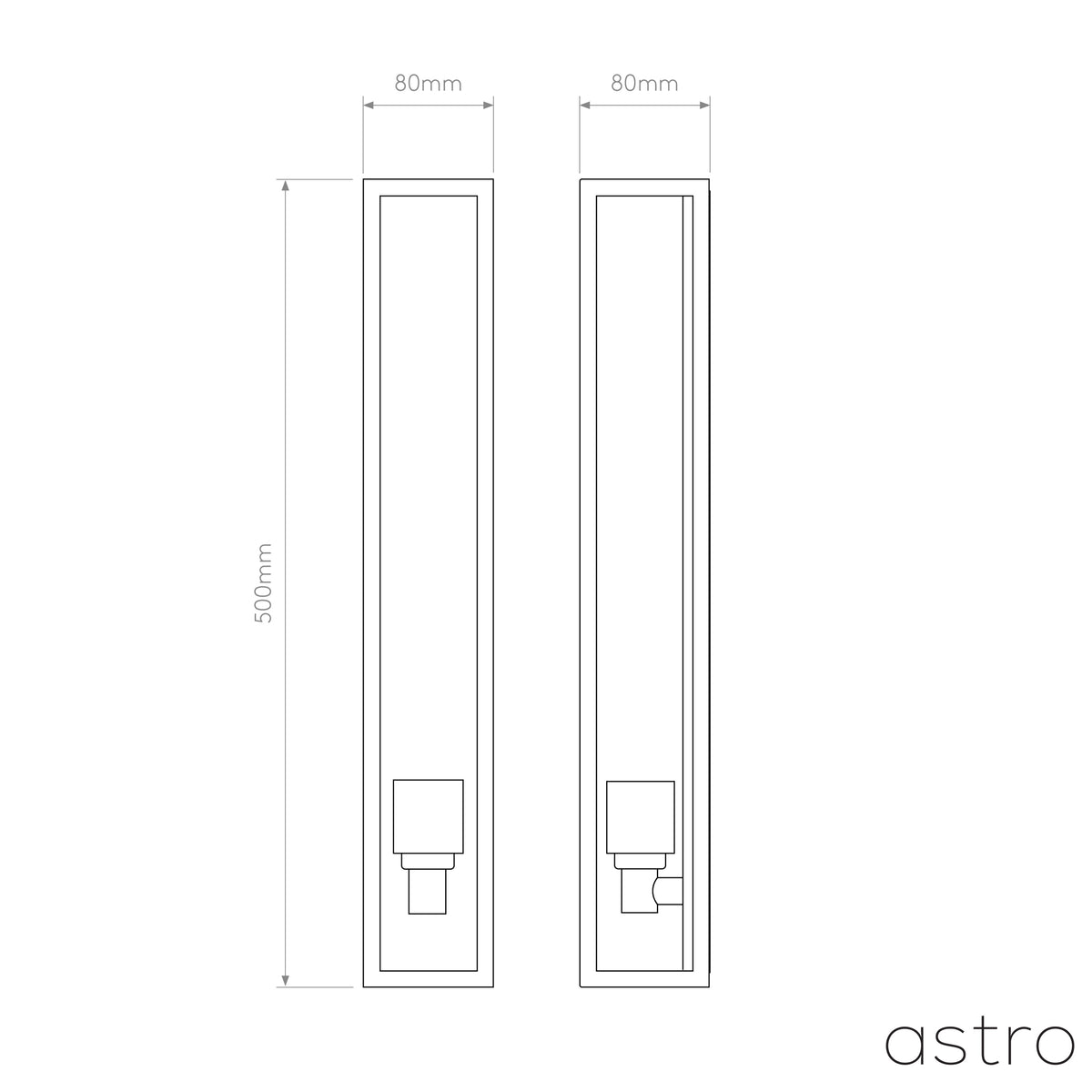 Technical drawing of a rectangular wall light, front and side view, with dimensions 500mm by 80mm