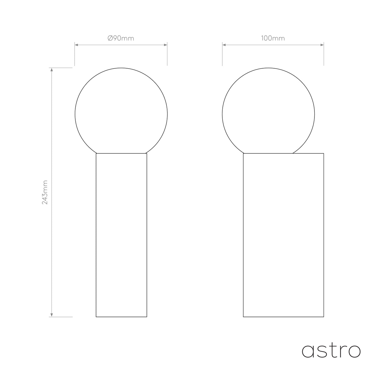 Technical drawing of a light fixture, showing two views with dimensions: 243mm height, 90mm diameter, 100mm width