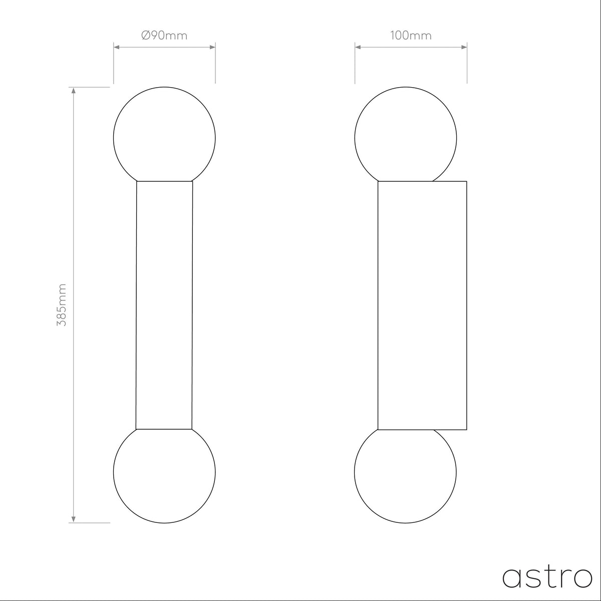 Technical drawing of a light fixture with dimensions 385mm height, 90mm diameter, and 100mm width