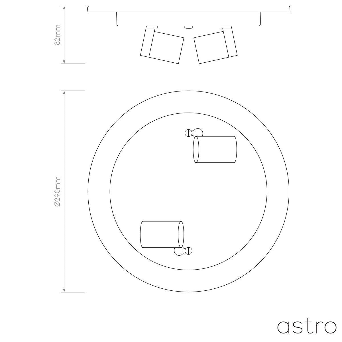 Technical drawing of a round recessed light fixture with two adjustable spotlights, showing dimensions of 82mm height and 290mm diameter