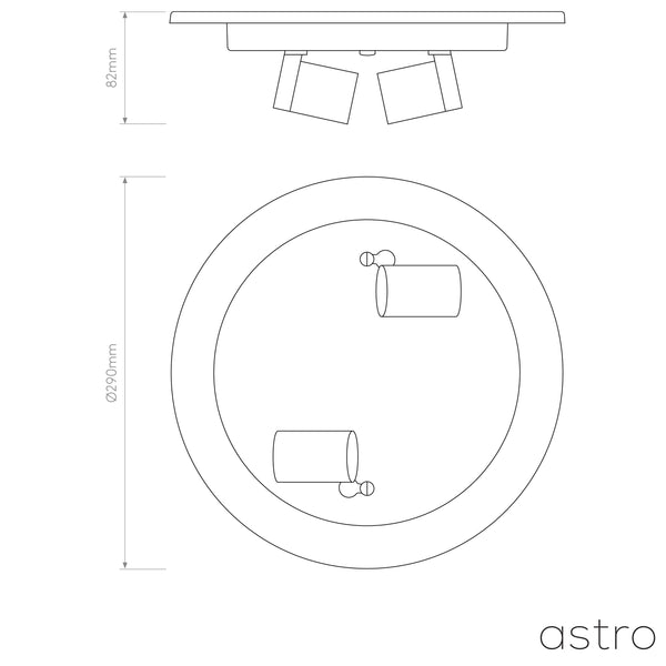 Technical drawing of a round recessed light fixture with two adjustable spotlights, showing dimensions of 82mm height and 290mm diameter