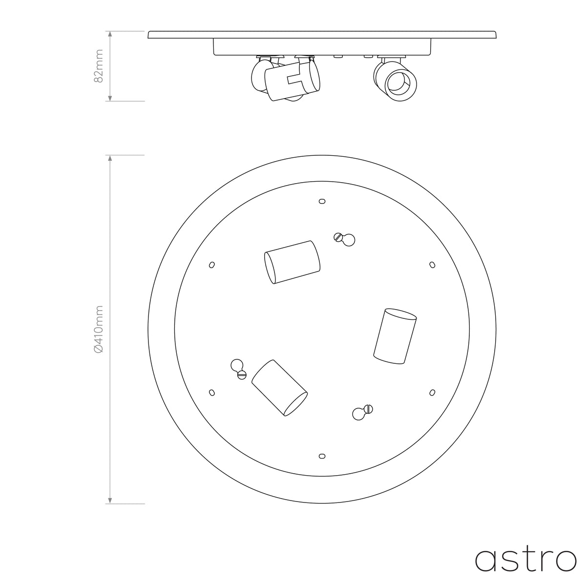 Technical drawing of a round ceiling light with three adjustable spotlights, showing dimensions