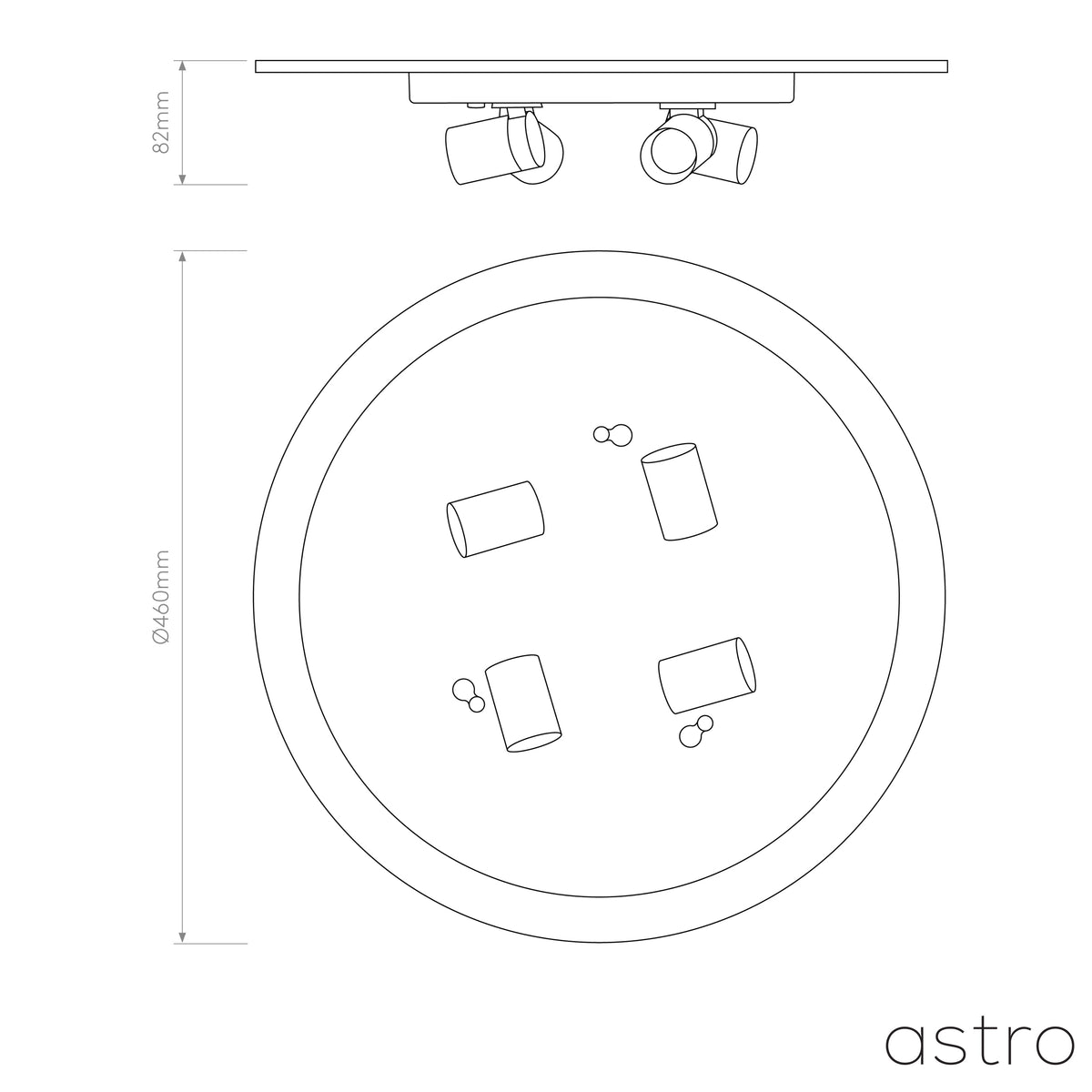 Technical drawing of a round ceiling light with four adjustable spotlights, showing dimensions of 82mm height and 460mm diameter