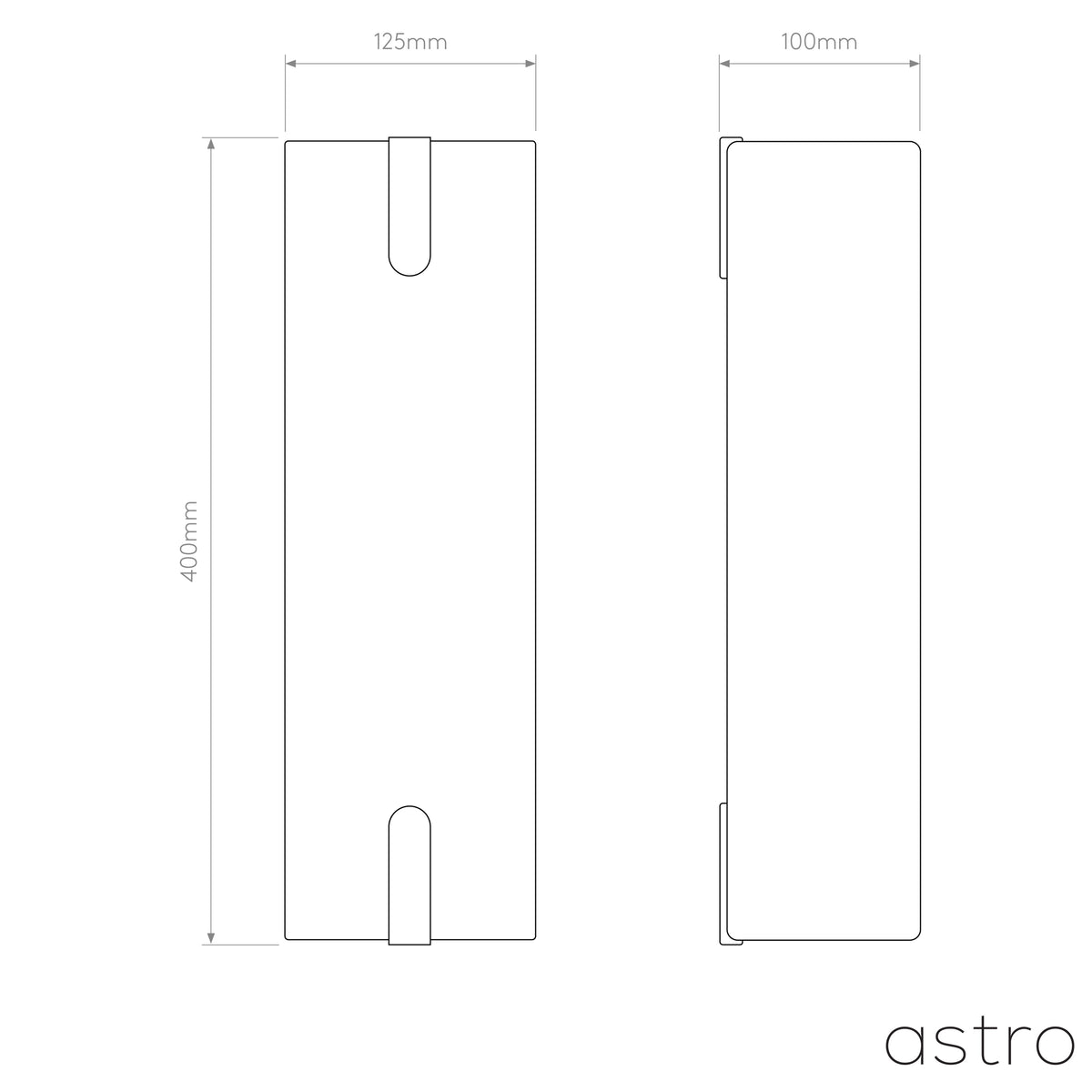 Technical drawing of a rectangular light fixture with dimensions 400mm by 125mm by 100mm