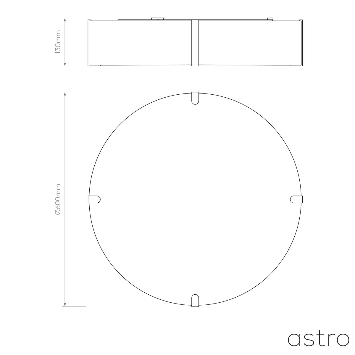 Technical drawing of a round ceiling light with dimensions 600mm diameter and 130mm depth
