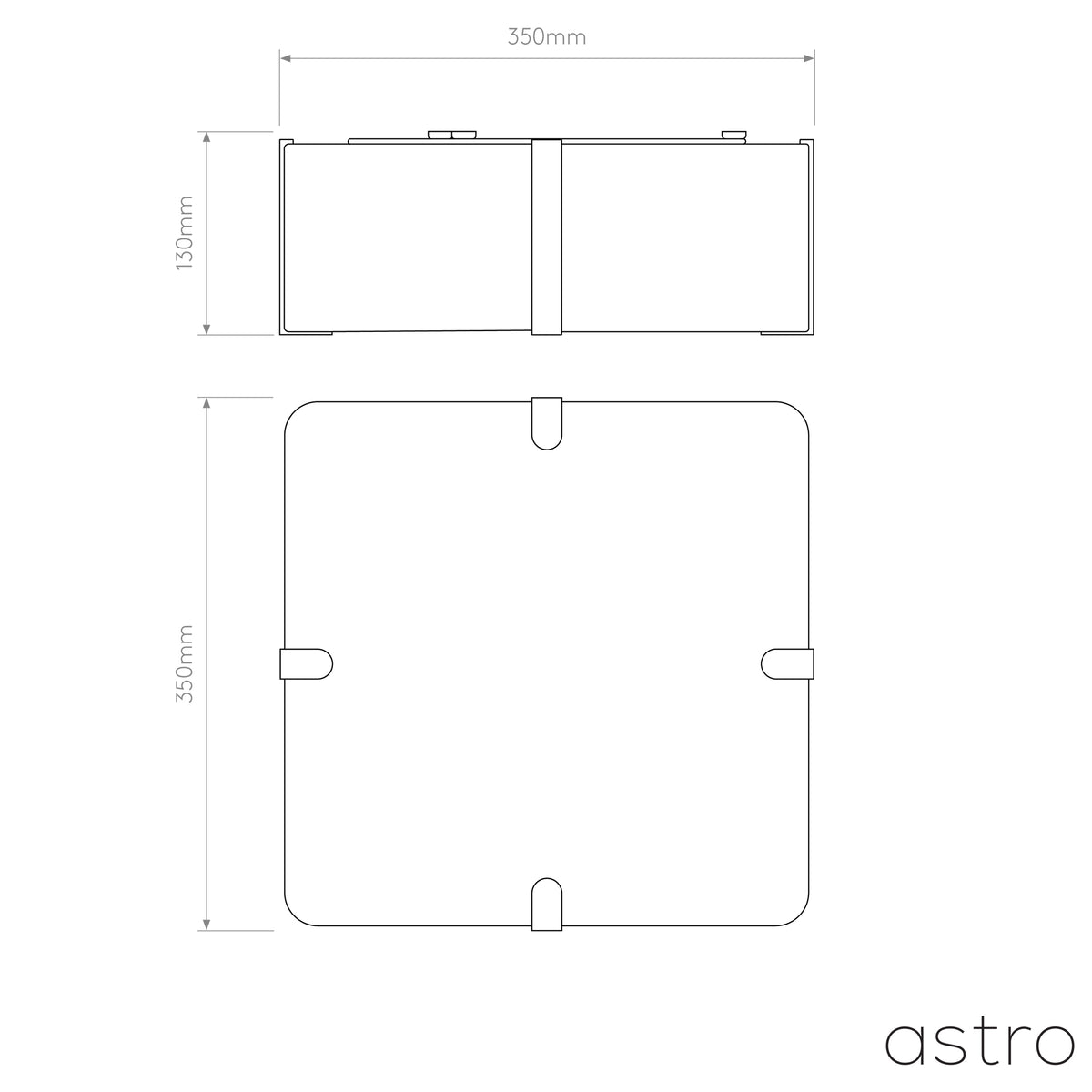 Technical drawing of a square light fixture with dimensions 350mm by 350mm by 130mm