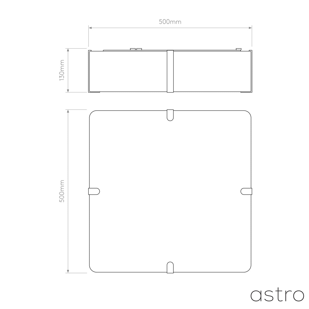 Technical drawing with dimensions for a square light fixture, 500mm by 500mm by 130mm