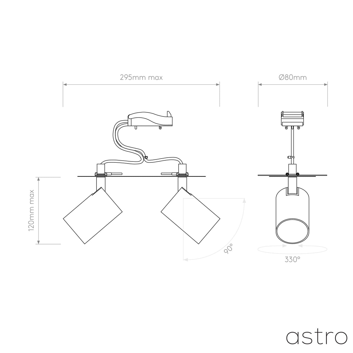 Astro lighting technical drawing with measurements for a twin spotlight fixture