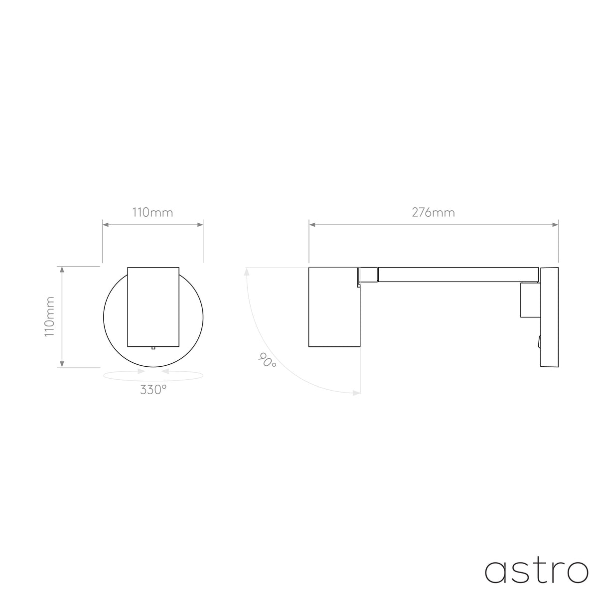 Technical drawing of a rectangular light fixture with dimensions 110mm by 276mm and rotation angles