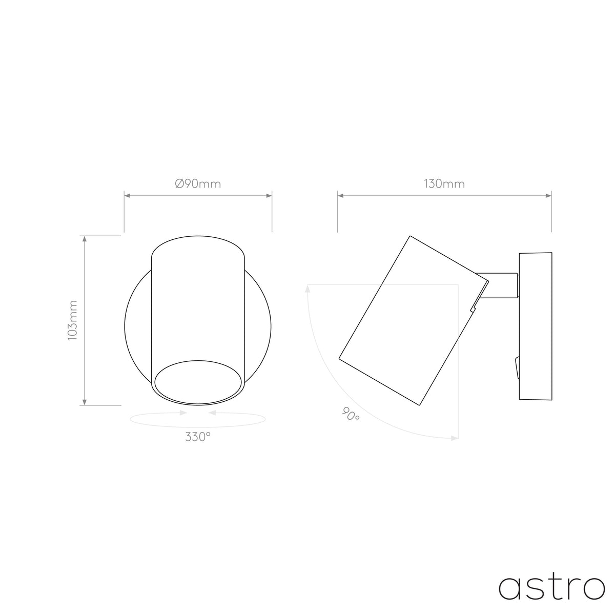 Technical drawing of a cylindrical wall light with dimensions 103mm height, 90mm diameter, 130mm depth