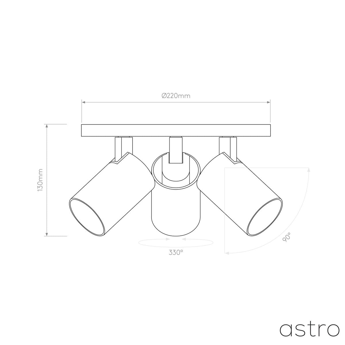 Technical drawing of a triple spotlight fixture with dimensions: 220mm width, 130mm height