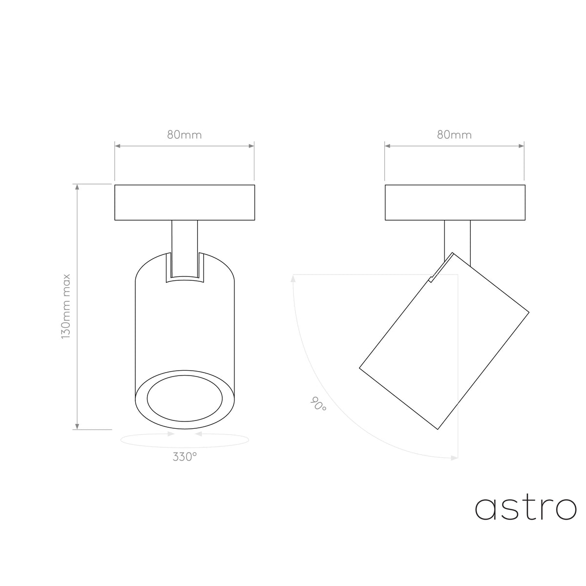 Astro product diagram with dimensions and rotation angles