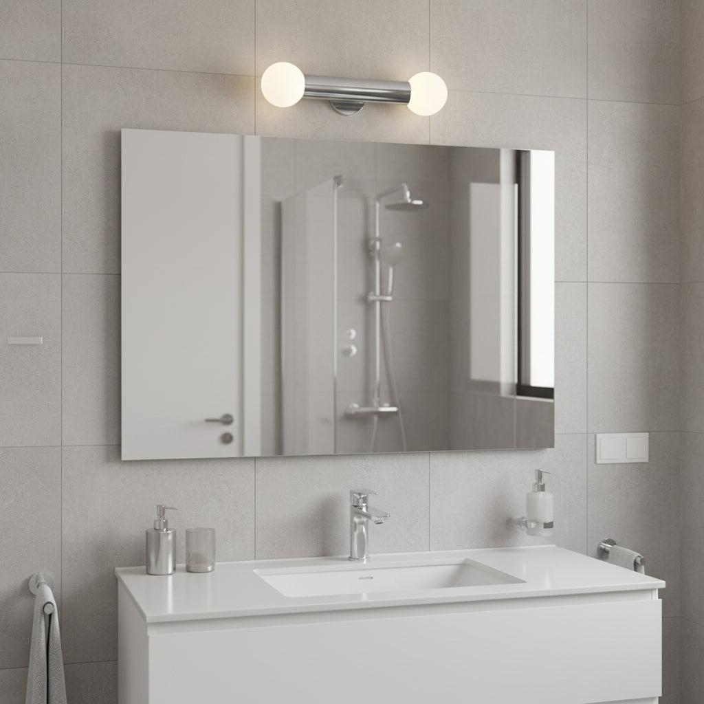 Bathroom vanity with a mirror and a light fixture above it