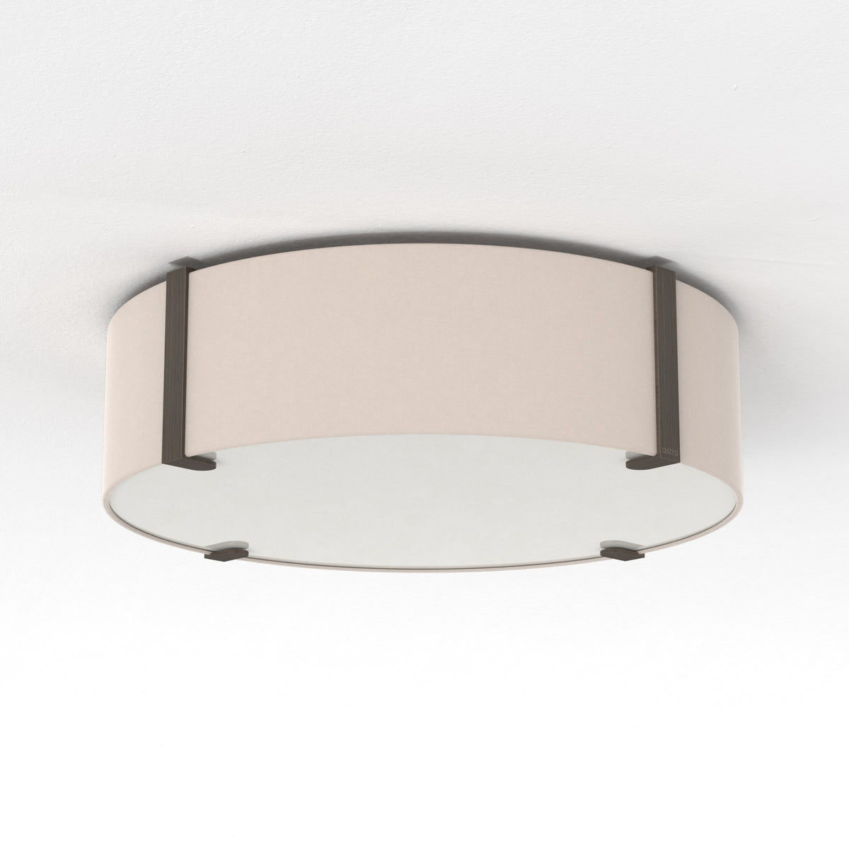 Round ceiling light with a light pink fabric shade and dark bronze metal accents