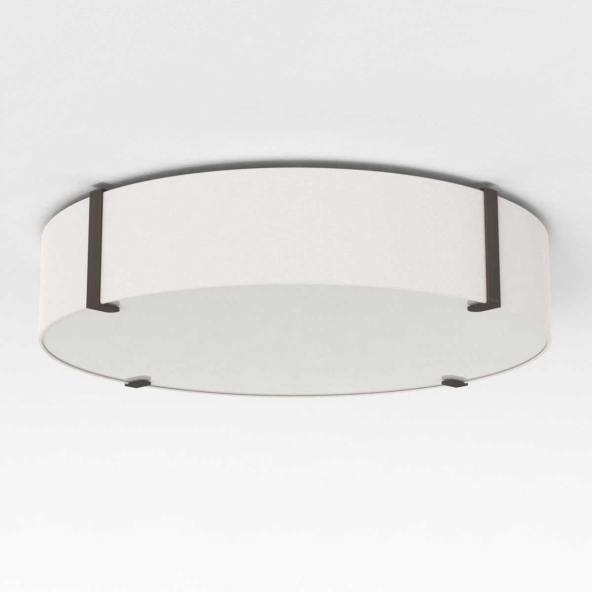 Round ceiling light with a white fabric shade and dark bronze metal accents