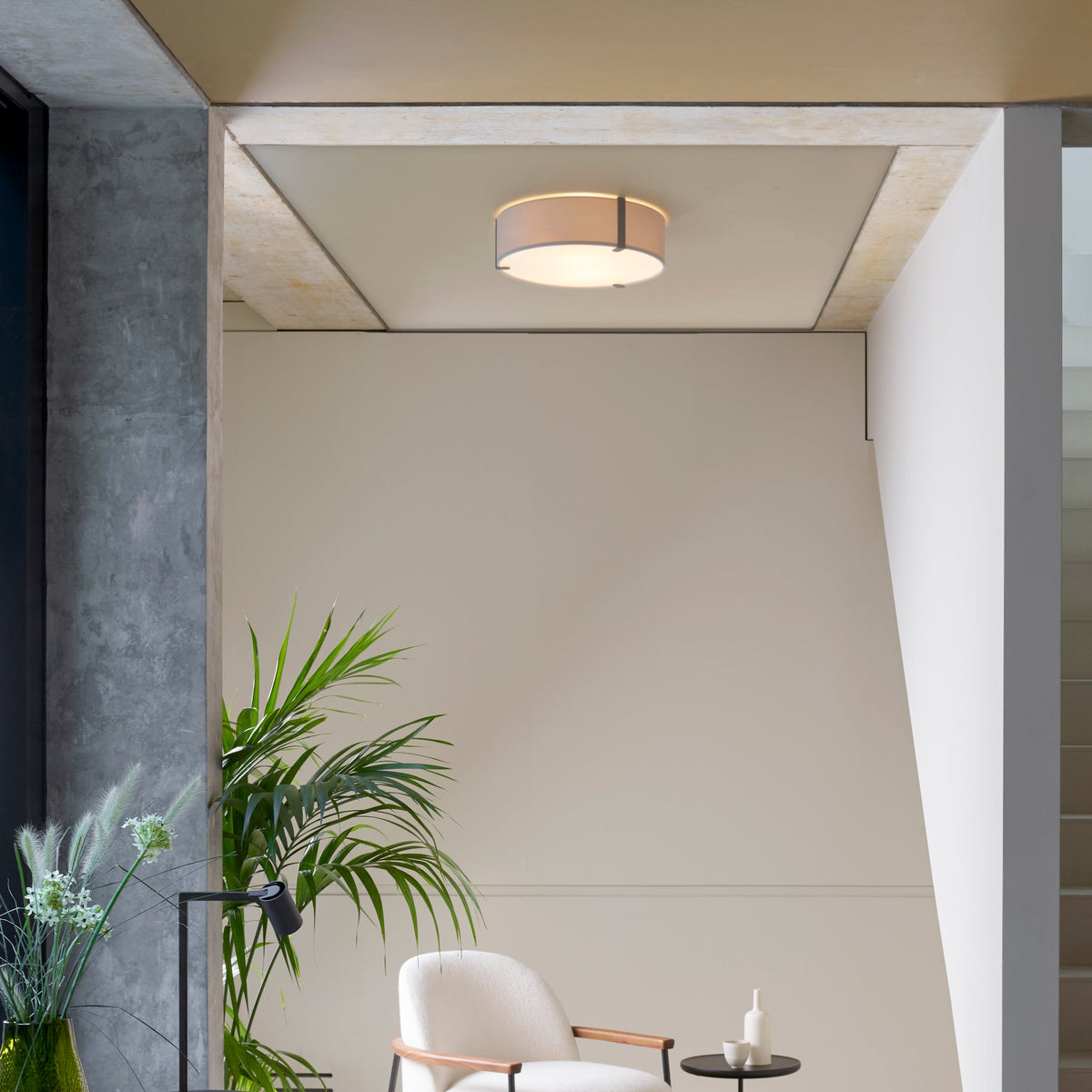 A modern living space with a white armchair, a plant, and a ceiling light fixture