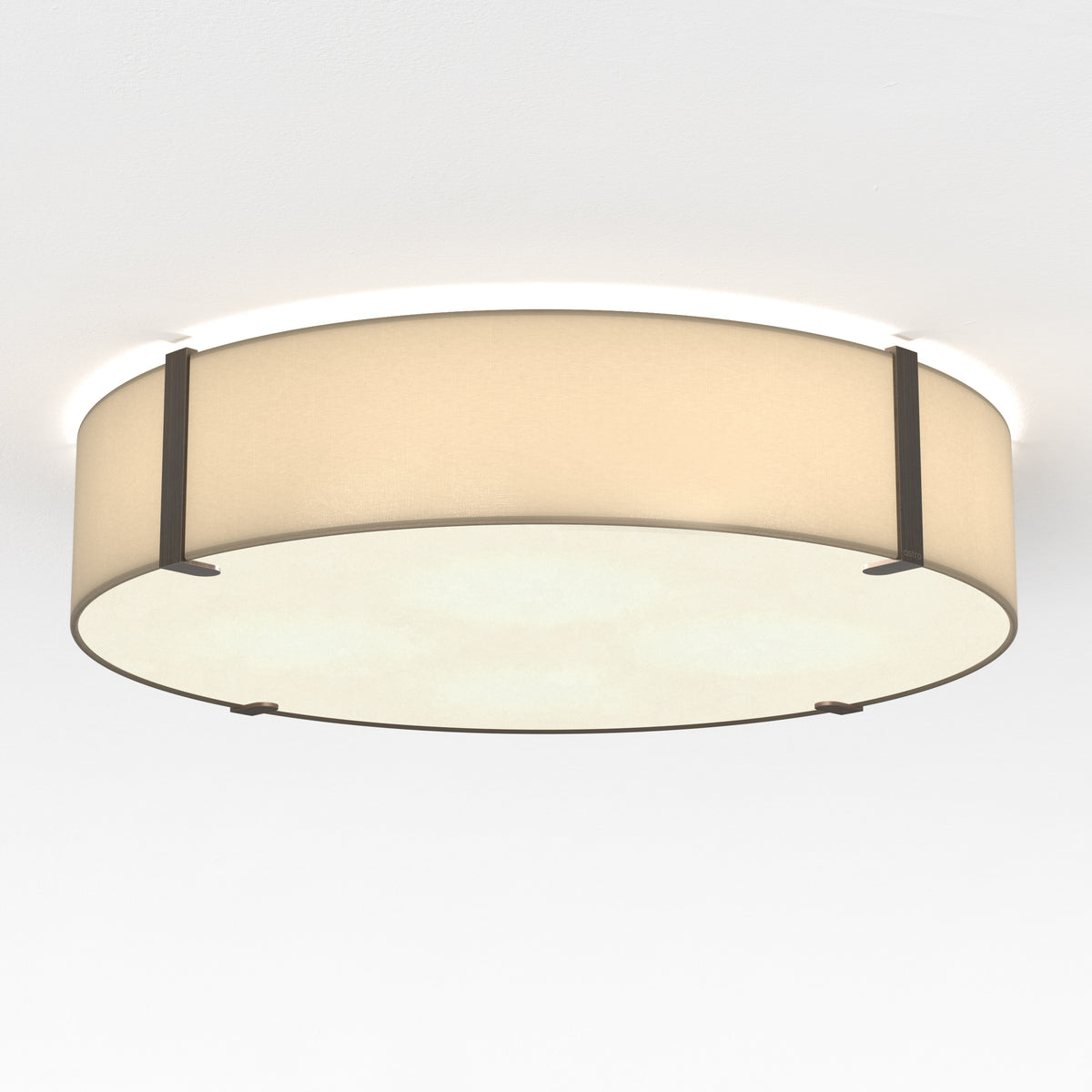 Round ceiling light with a beige fabric shade and dark metal accents