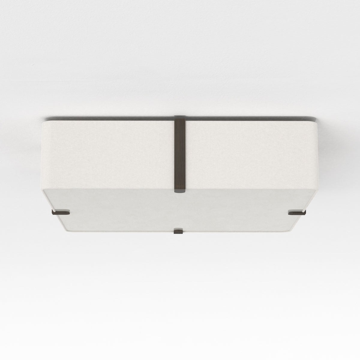 Rectangular ceiling light with a white fabric shade and dark bronze accents
