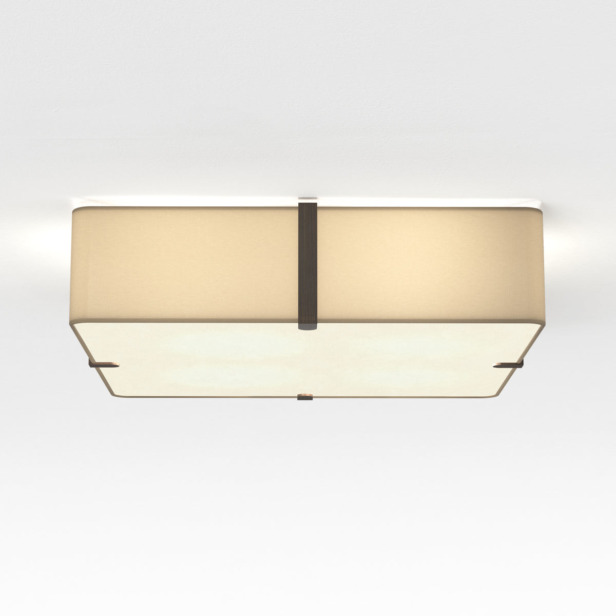 Rectangular ceiling light with a beige fabric shade and dark wood accents