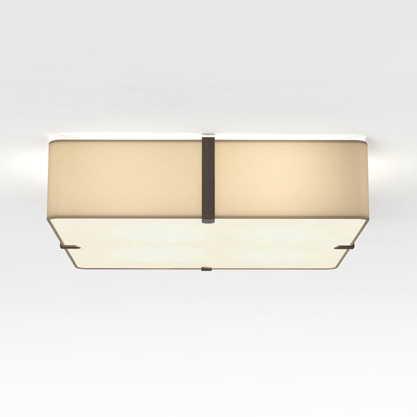 Rectangular ceiling light with a beige fabric shade and dark wood accents