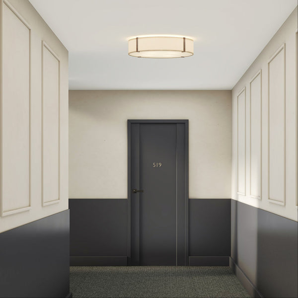 A hallway with a dark gray door numbered 519, light cream walls with white paneling, and a round ceiling light