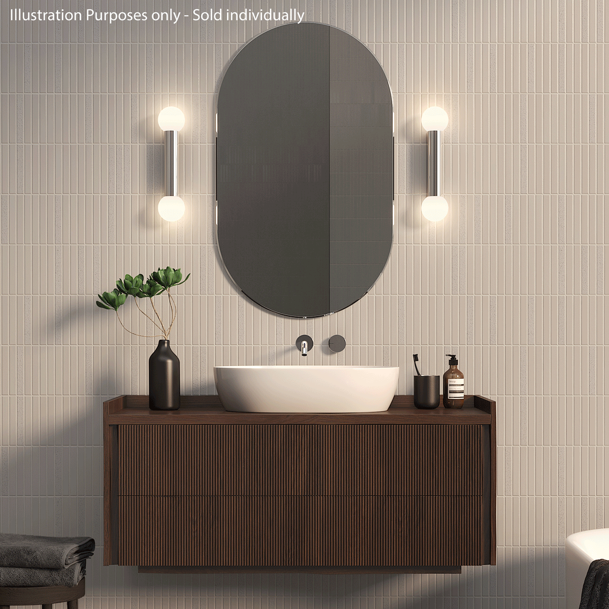 Bathroom vanity with a dark wood cabinet, white basin, oval mirror, and two wall-mounted lights