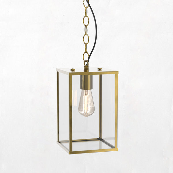 Brass and glass square pendant light with exposed bulb