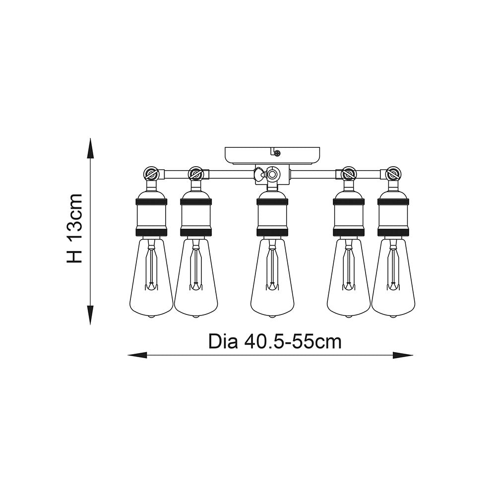 A line drawing of a five-light semi-flush ceiling light with dimensions: height 13cm, diameter 40.5-55cm.