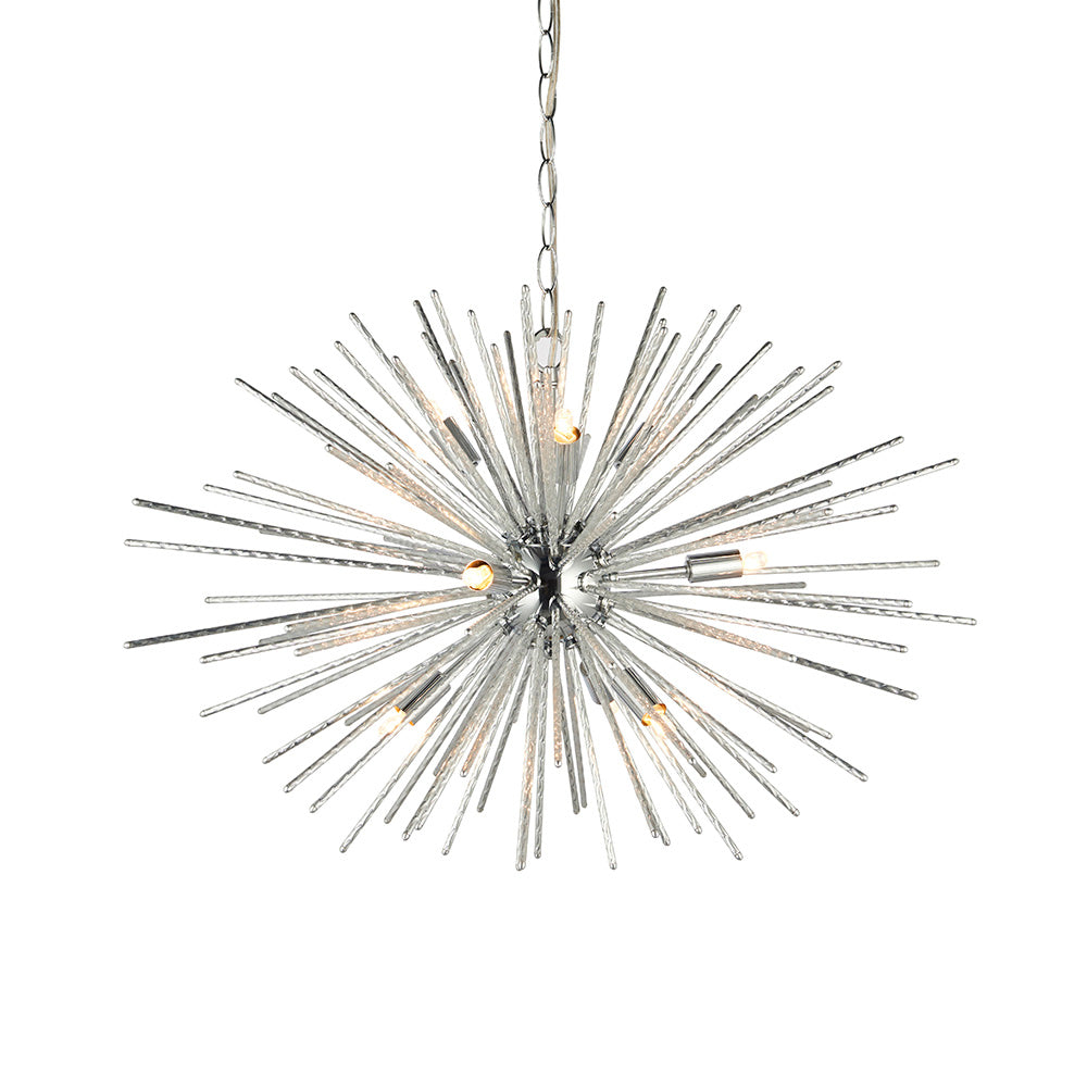 Chrome Sputnik chandelier with clear glass rods on a white background.