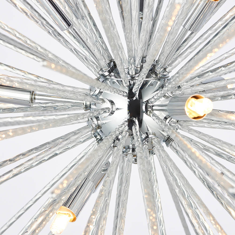 Close-up of the chrome center and clear glass rods of the Sputnik chandelier.