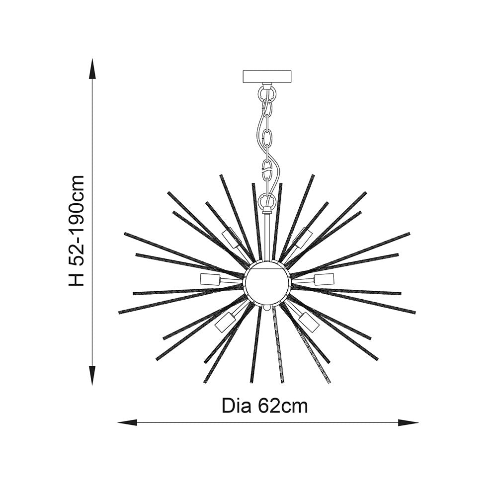Line drawing of the Sputnik chandelier with dimensions: height 52-190cm, diameter 62cm.