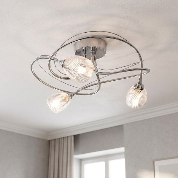 Henley 3 Arm Flush Ceiling Light in Chrome with Glass Shades
