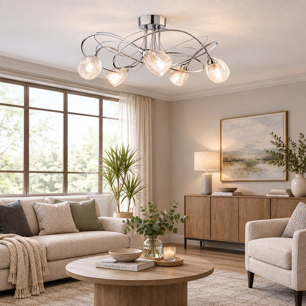 Henley 5 Arm Flush Ceiling Light in Chrome with Glass Shades