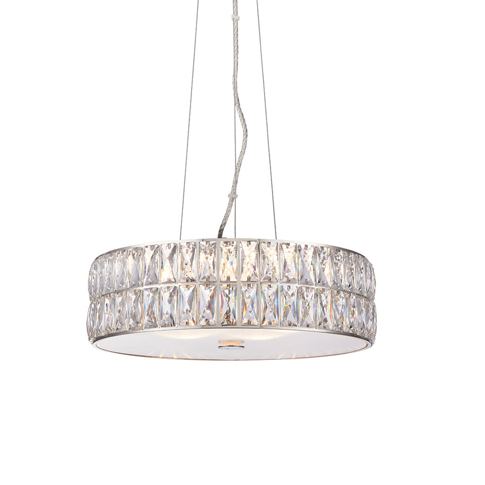 A round, two-tiered crystal chandelier with a silver frame, hanging against a white background.