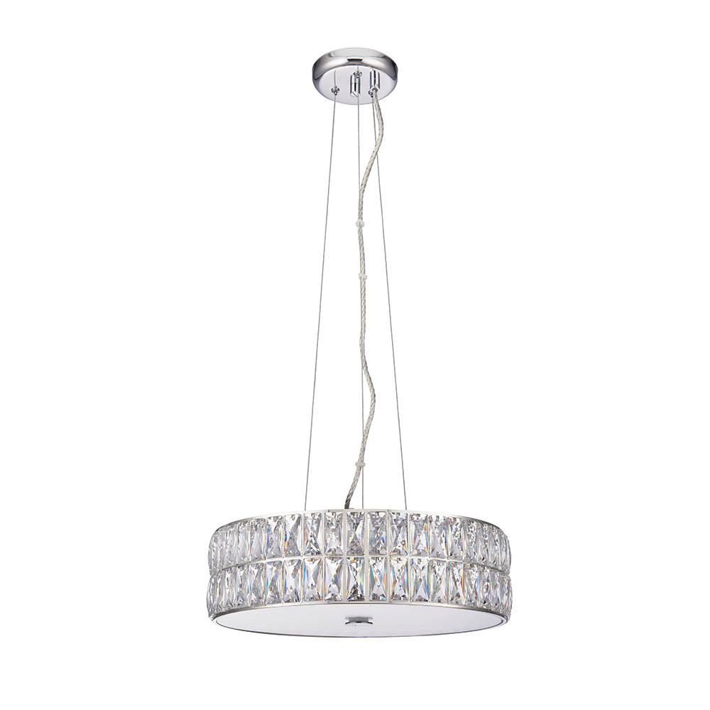 A full view of a round, two-tiered crystal chandelier with a chrome ceiling rose and adjustable cables.