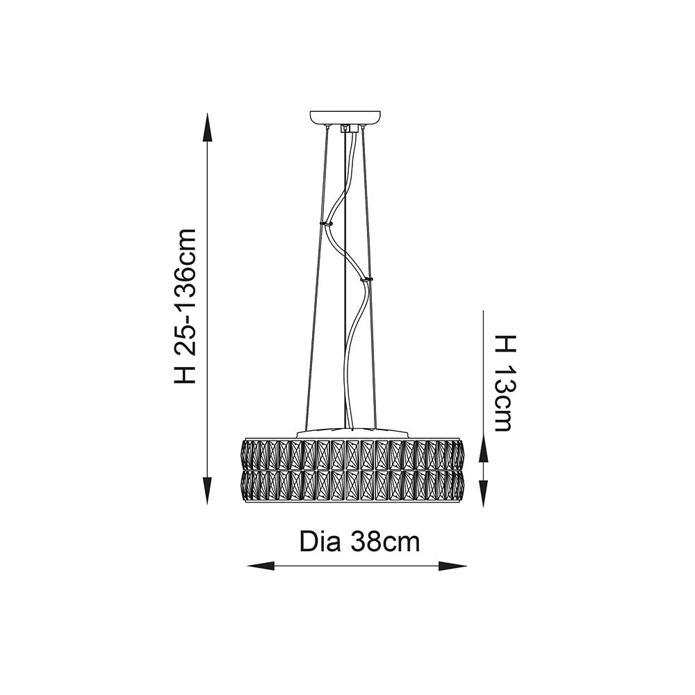 A diagram showing the dimensions of the chandelier: 25-136cm height, 13cm shade height, 38cm diameter.