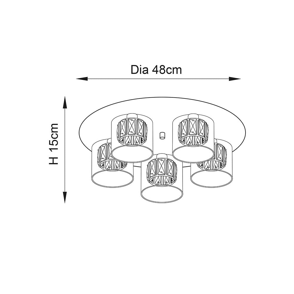 A diagram showing the dimensions of the ceiling light, with a height of 15cm and a diameter of 48cm.