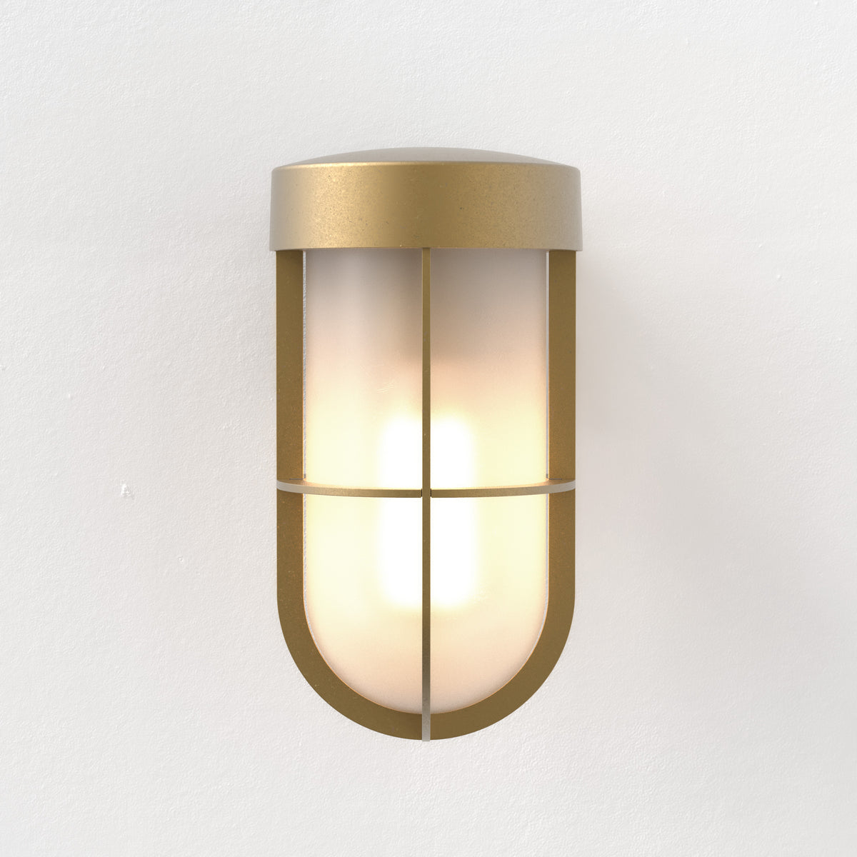 Brass outdoor wall light with a frosted glass diffuser and a protective grid