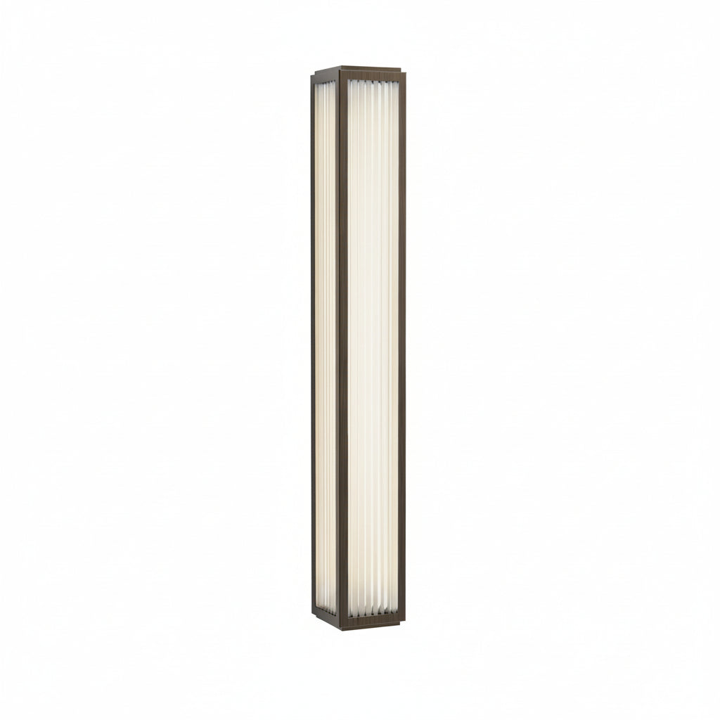 Tall rectangular wall light with a dark bronze frame and a ribbed glass diffuser
